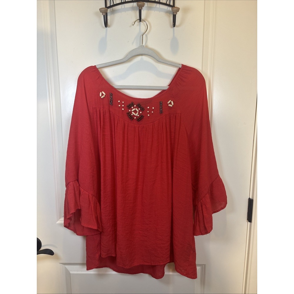 Zac & Rachel Women Size 2X Shirt Wood Bead 3/4 Bell Sleeve Boho Peasant Flowy